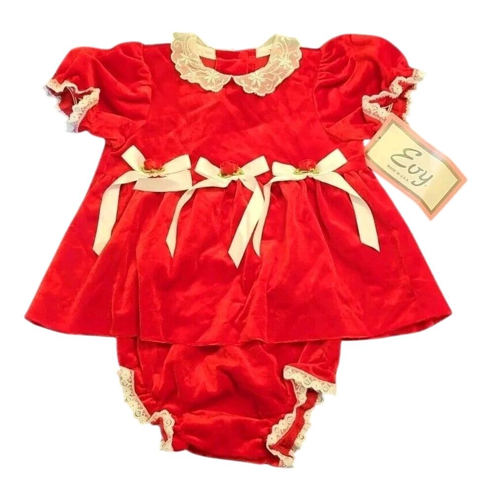 New Vintage Red Evy Baby Dress And Bloomers 3-6 Months Lace